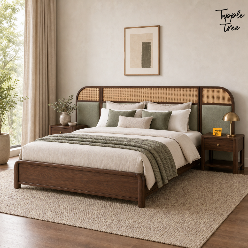 Sage Cane Teak Storage Bed in a styled room