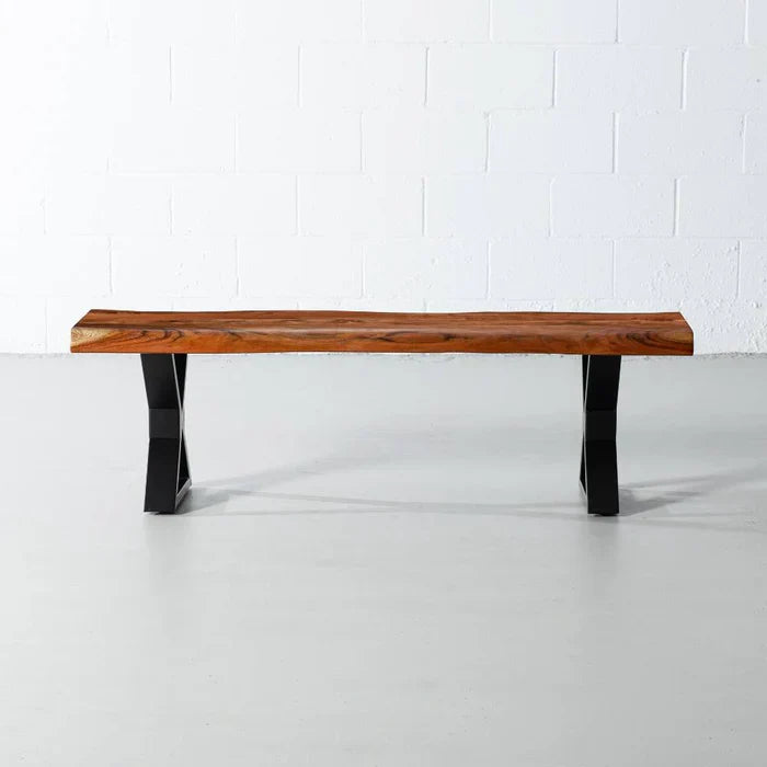 Acacia Live Edge Wood Bench with Black X-shaped