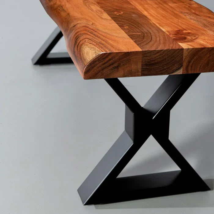 Acacia Live Edge Wood Bench with Black X-shaped