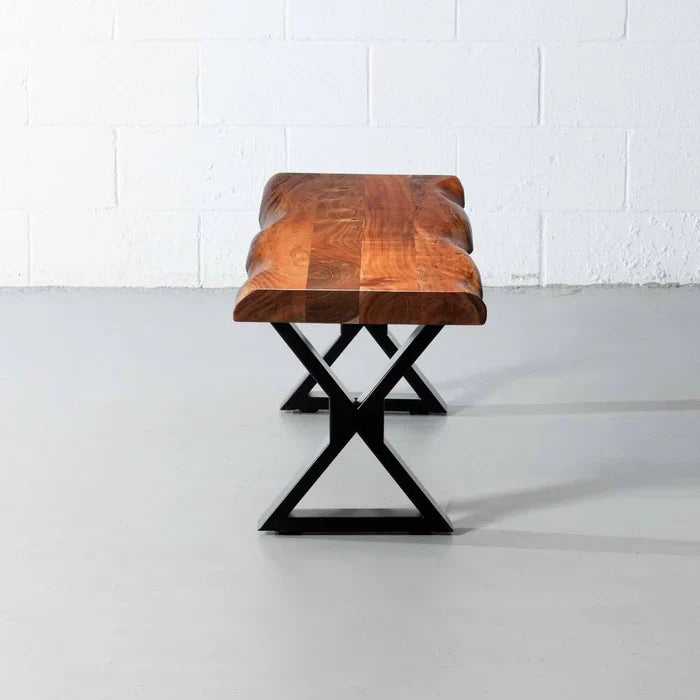 Acacia Live Edge Wood Bench with Black X-shaped