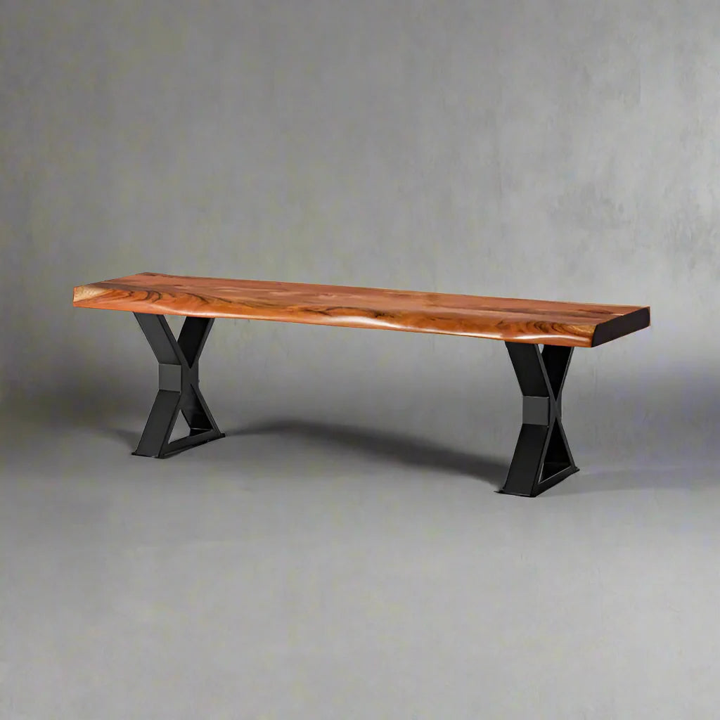 Acacia Live Edge Wood Bench with Black X-shaped