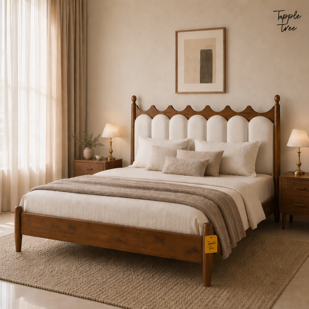 Crown Scallop Teak Upholstered Bed, lifestyle hero with a small removable paper tag touching the bed frame