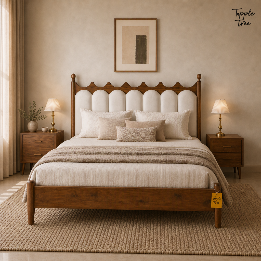 Crown Scallop Teak Upholstered Bed, lifestyle front