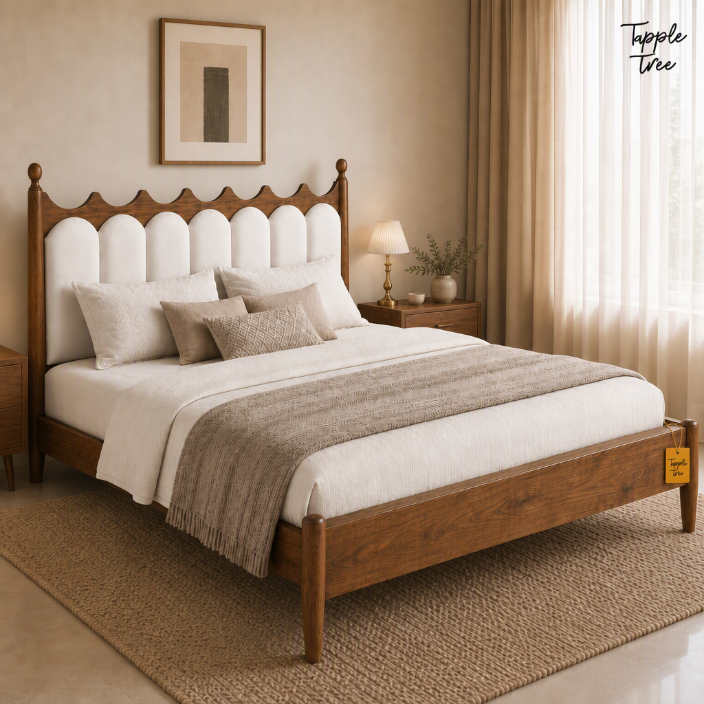 Crown Scallop Teak Upholstered Bed, opposite lifestyle angle with seven upholstered headboard panels