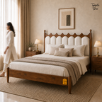 Crown Scallop Teak Upholstered Bed, lifestyle walking woman