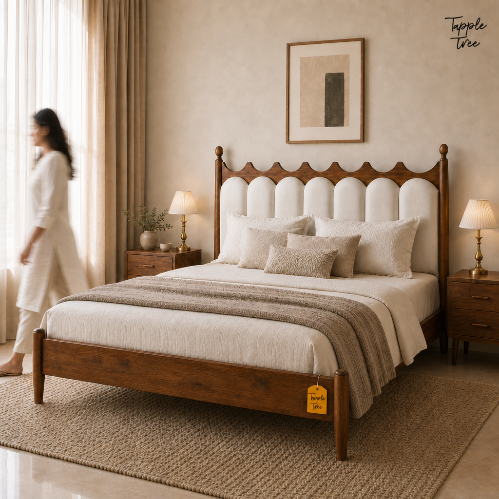 Crown Scallop Teak Upholstered Bed, lifestyle walking woman