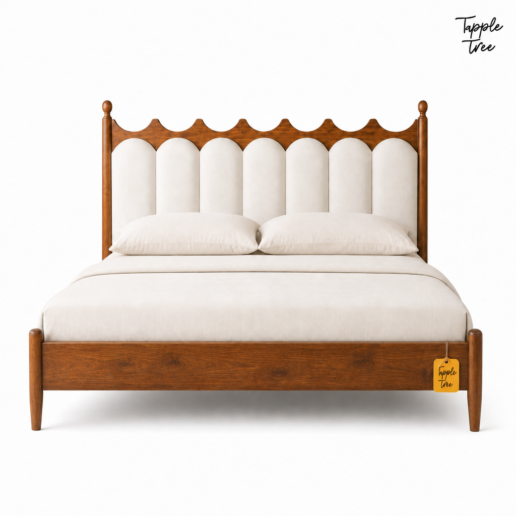 Crown Scallop Teak Upholstered Bed, white front