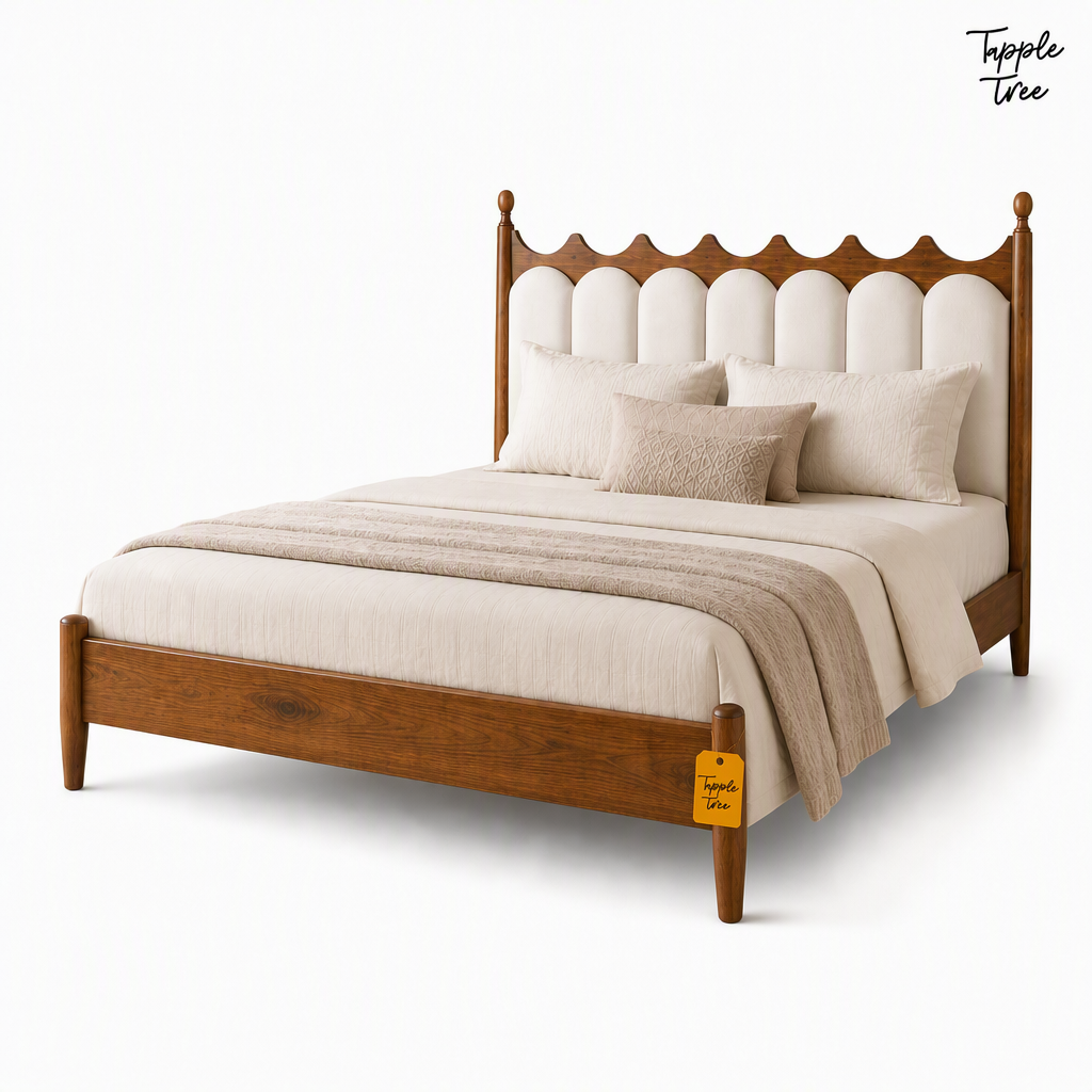 Crown Scallop Teak Upholstered Bed, white three quarter
