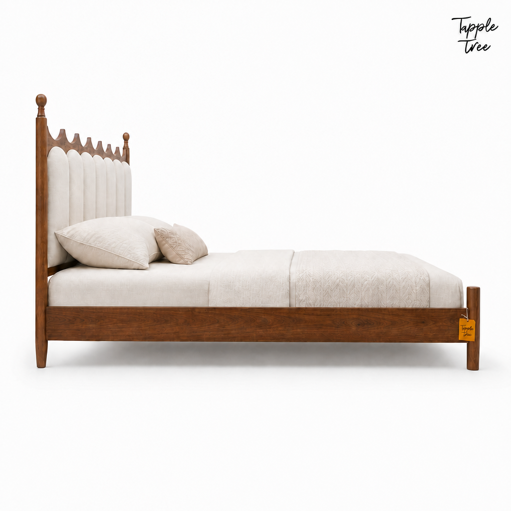 Crown Scallop Teak Upholstered Bed, white side profile