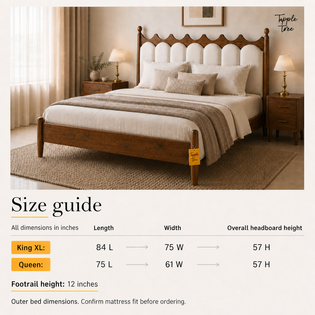 Crown Scallop Teak Upholstered Bed, outer dimensions size guide in inches