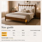 Crown Scallop Teak Upholstered Bed, outer dimensions size guide in inches