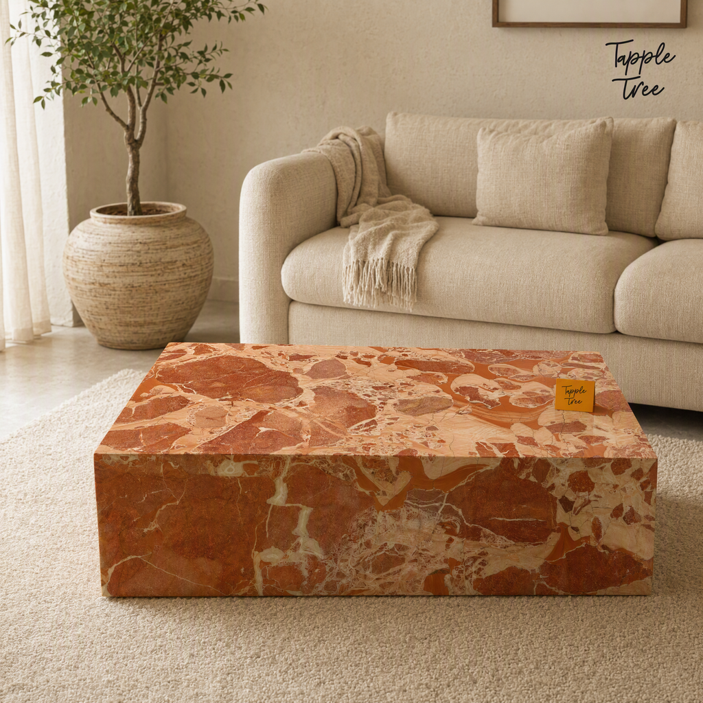 Imported stone coffee table — lifestyle front; glossy terracotta and cream finish