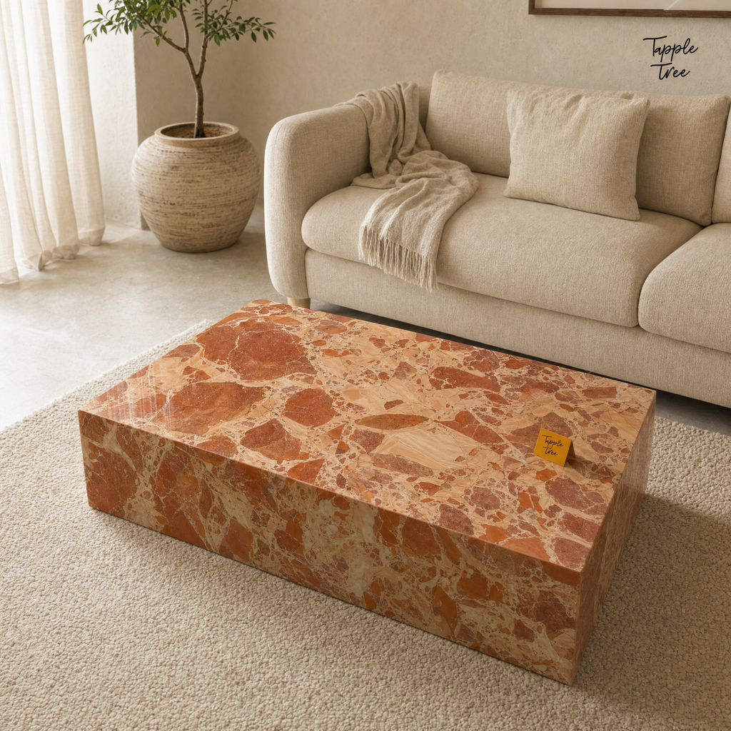 Imported stone coffee table — lifestyle elevated; glossy terracotta and cream finish