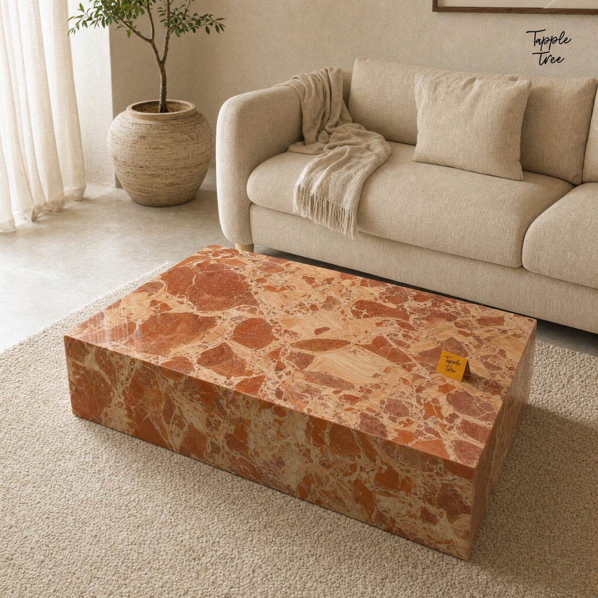 Imported stone coffee table — lifestyle elevated; glossy terracotta and cream finish