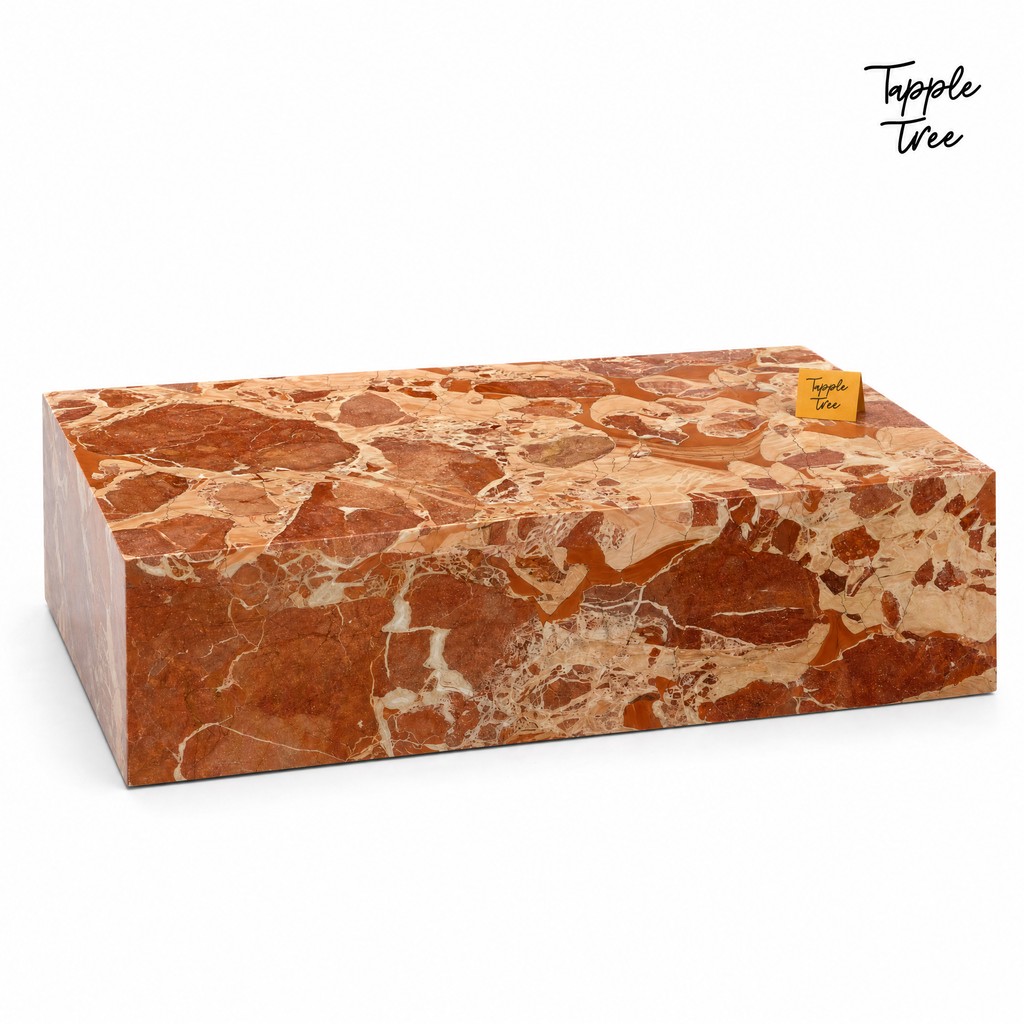 Imported stone coffee table — white three quarter; glossy terracotta and cream finish