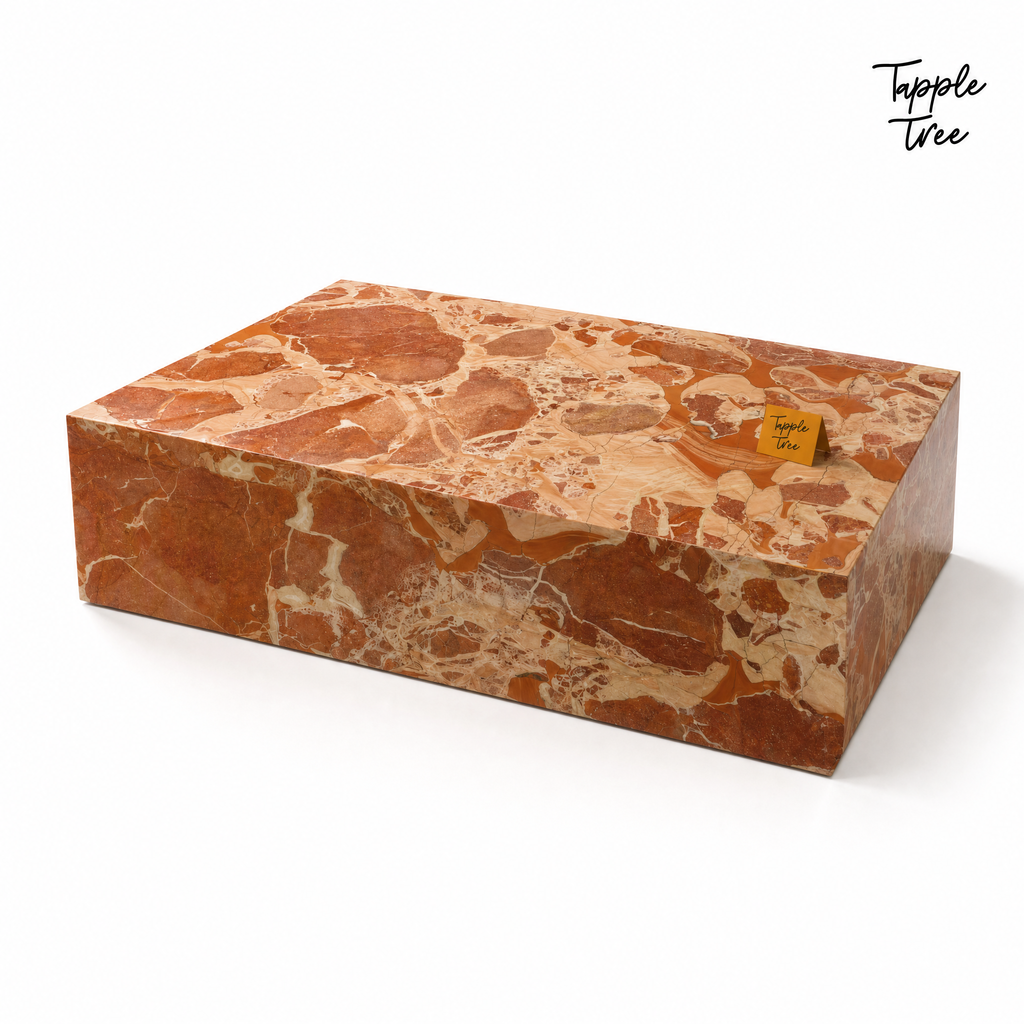Imported stone coffee table — white opposite angle; glossy terracotta and cream finish