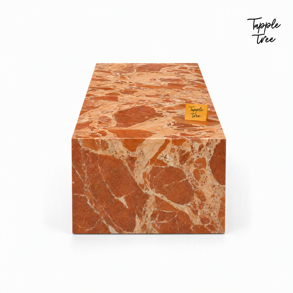 Imported stone coffee table — white side profile; glossy terracotta and cream finish