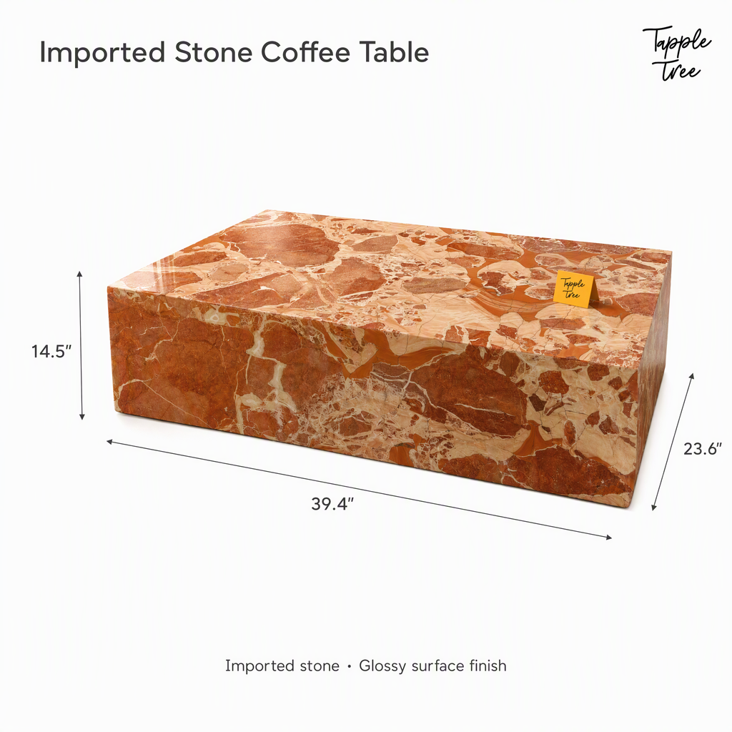 Imported stone coffee table — dimensions; glossy terracotta and cream finish