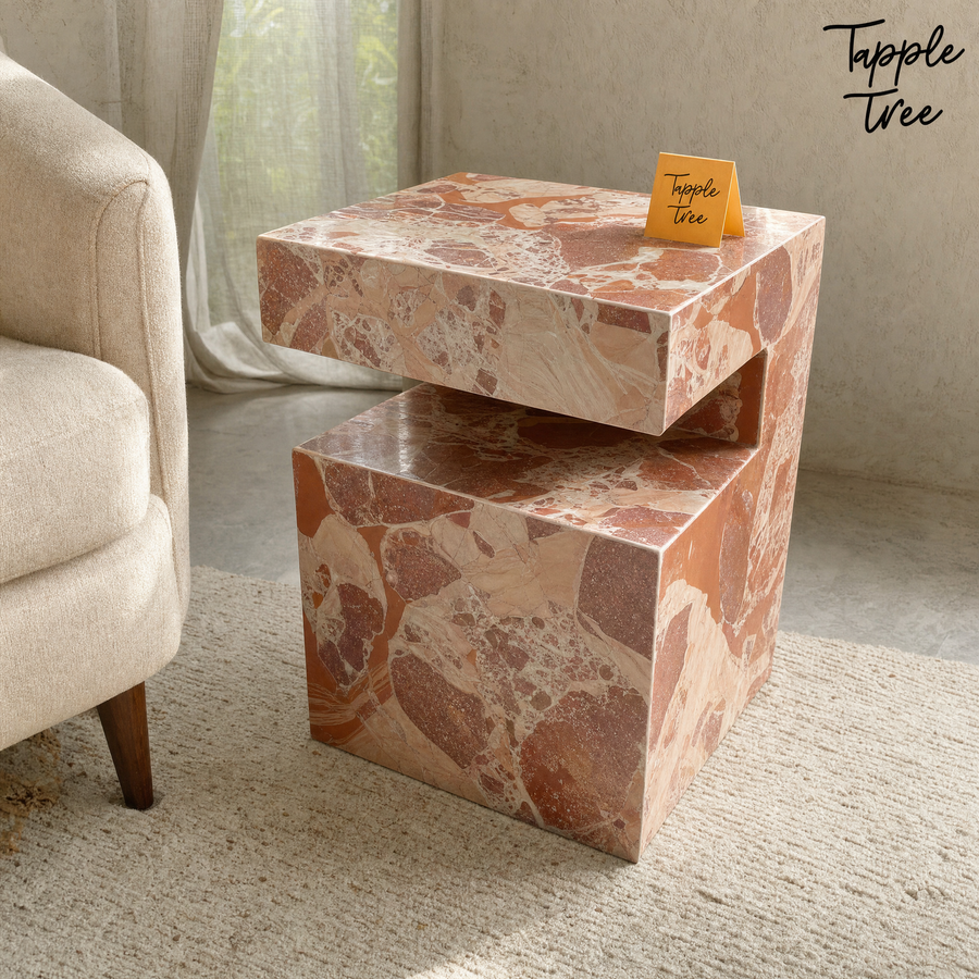 Imported stone side table — lifestyle hero; glossy terracotta and cream finish