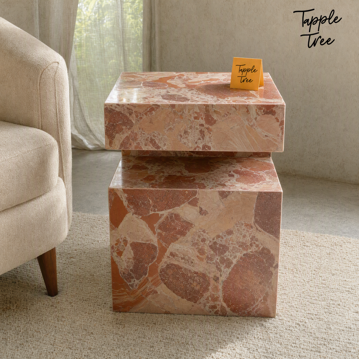 Imported stone side table — lifestyle front; glossy terracotta and cream finish