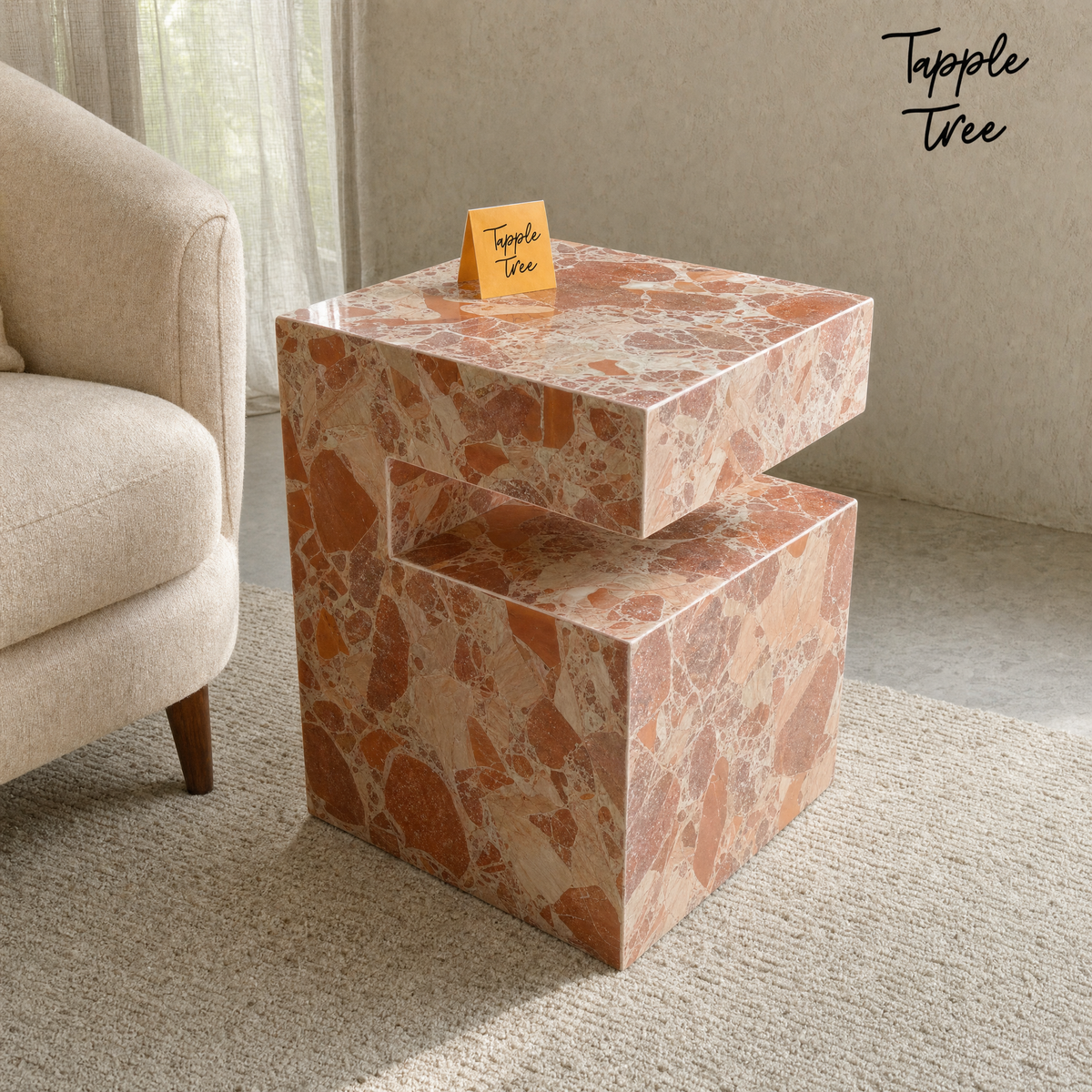 Imported stone side table — lifestyle opposite angle; glossy terracotta and cream finish