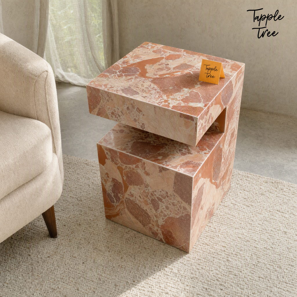 Imported stone side table — lifestyle elevated; glossy terracotta and cream finish