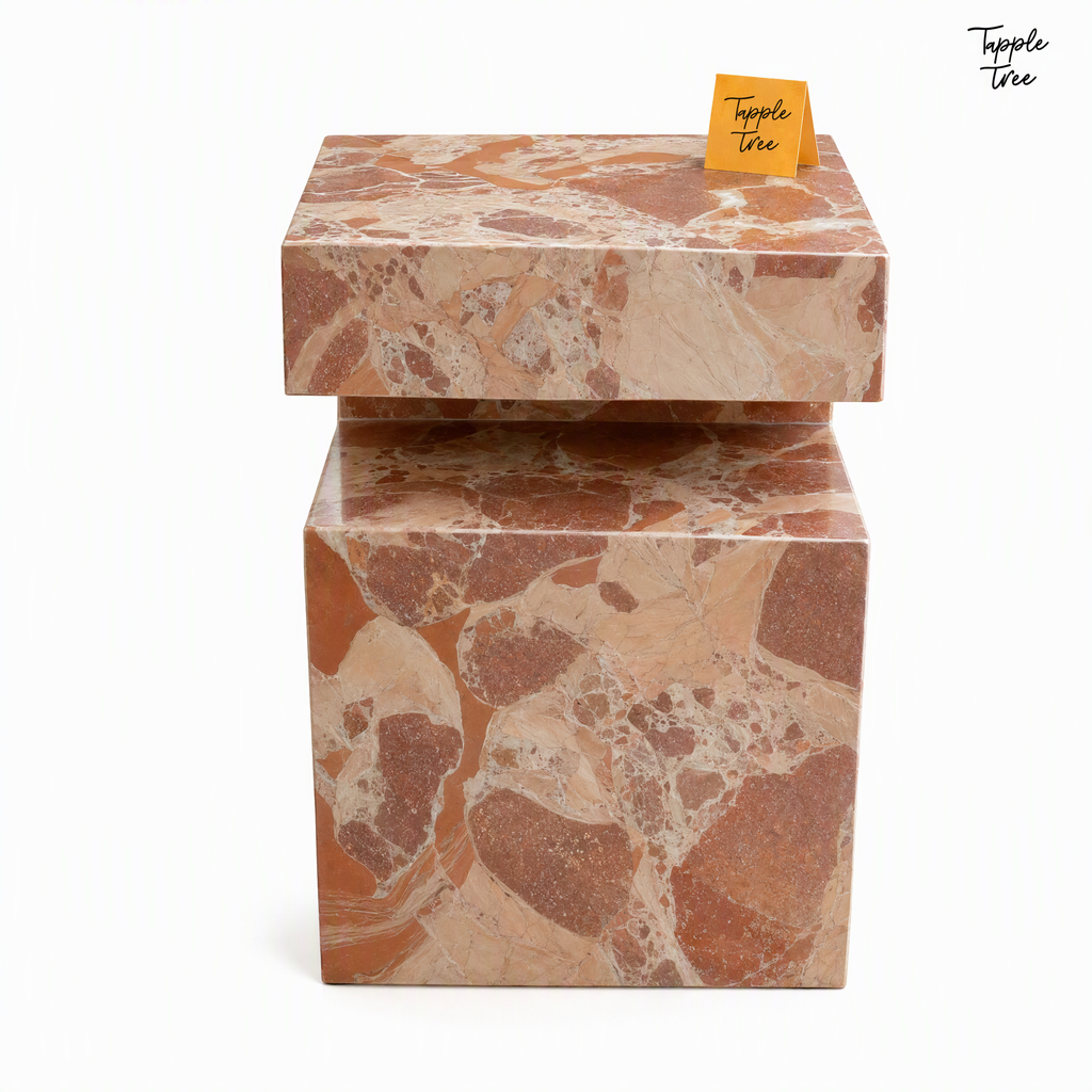 Imported stone side table — white front; glossy terracotta and cream finish
