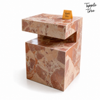 Imported stone side table — white three quarter; glossy terracotta and cream finish