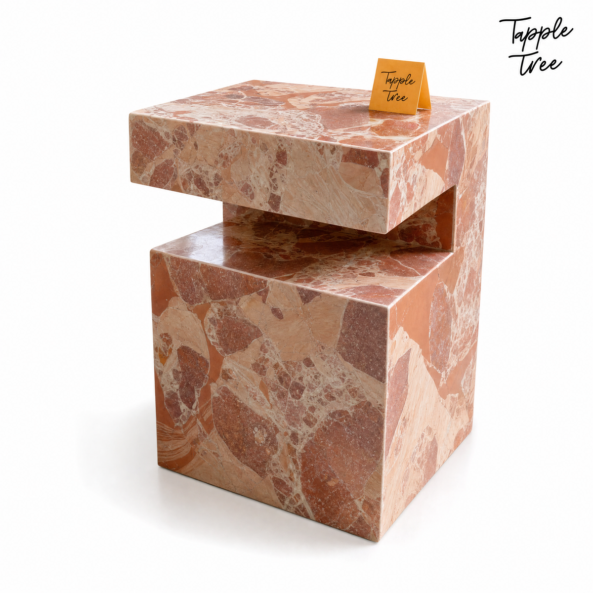 Imported stone side table — white three quarter; glossy terracotta and cream finish