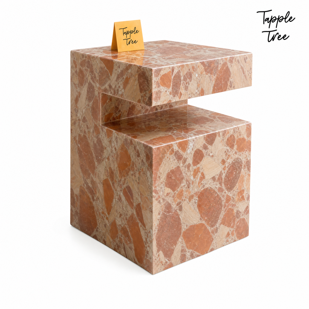 Imported stone side table — white opposite angle; glossy terracotta and cream finish