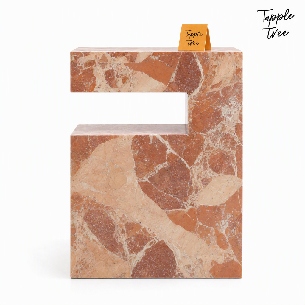 Imported stone side table — white side profile; glossy terracotta and cream finish