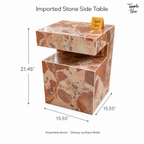 Imported stone side table — dimensions; glossy terracotta and cream finish