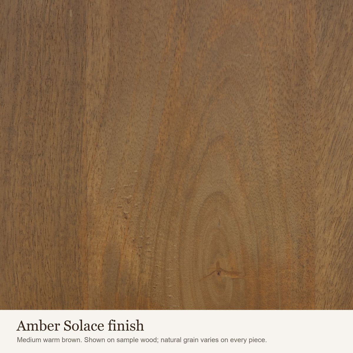 Amber Solace finish swatch: close-up of the medium warm brown wood colour and grain