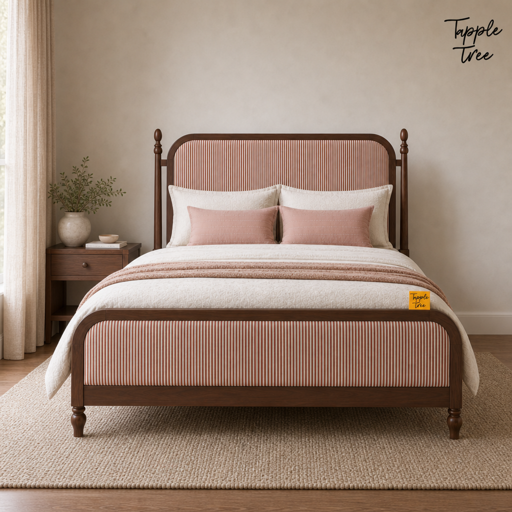 Rust Stripe Teak Upholstered Bed, lifestyle front