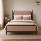 Rust Stripe Teak Upholstered Bed, lifestyle front