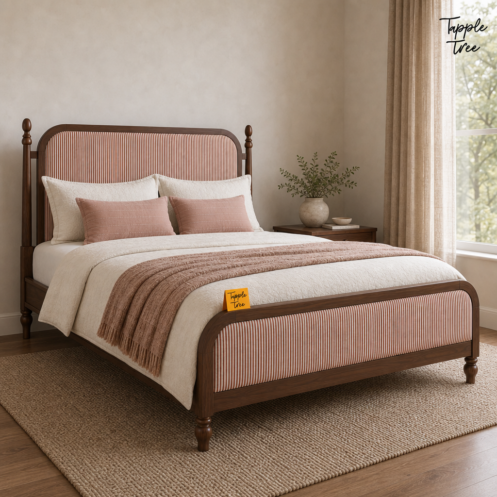 Rust Stripe Teak Upholstered Bed, lifestyle opposite angle