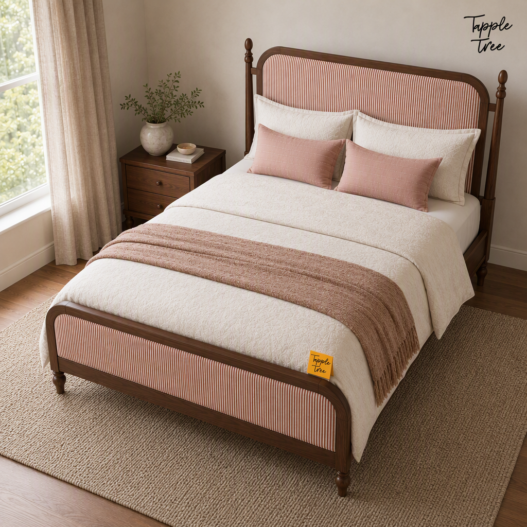 Rust Stripe Teak Upholstered Bed, lifestyle elevated