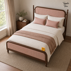 Rust Stripe Teak Upholstered Bed, lifestyle elevated