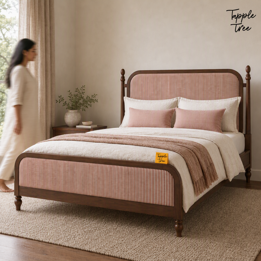 Rust Stripe Teak Upholstered Bed, lifestyle walking woman