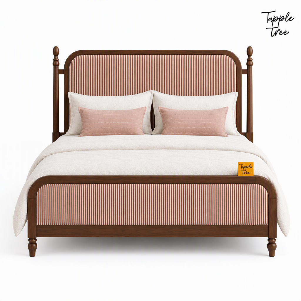 Rust Stripe Teak Upholstered Bed, white front