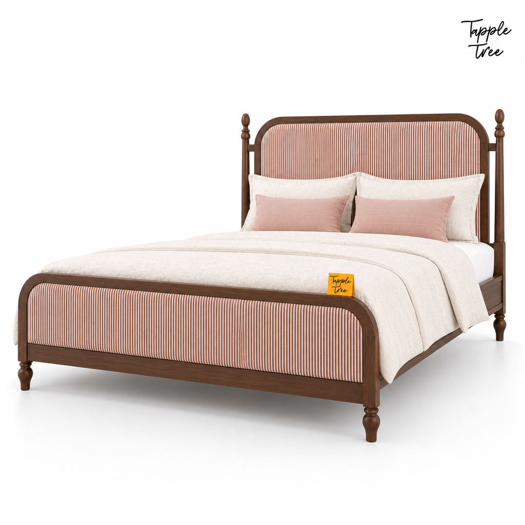 Rust Stripe Teak Upholstered Bed, white three quarter