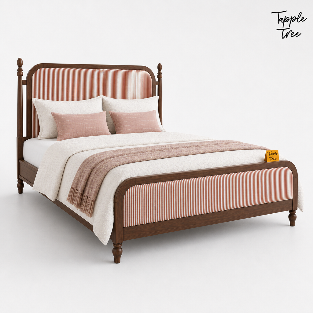 Rust Stripe Teak Upholstered Bed, white opposite angle