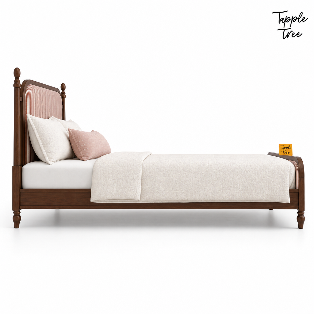 Rust Stripe Teak Upholstered Bed, white side profile