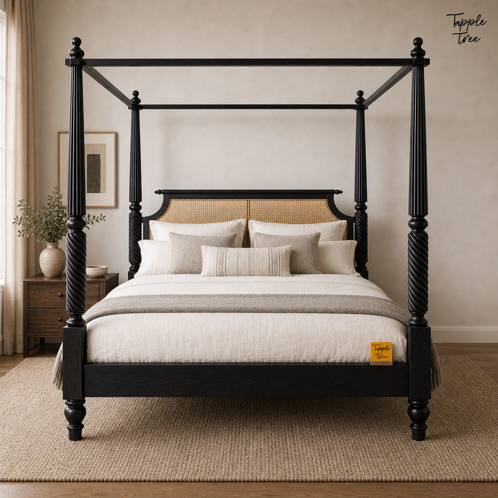 Noir Cane Sheesham Canopy Bed, lifestyle front