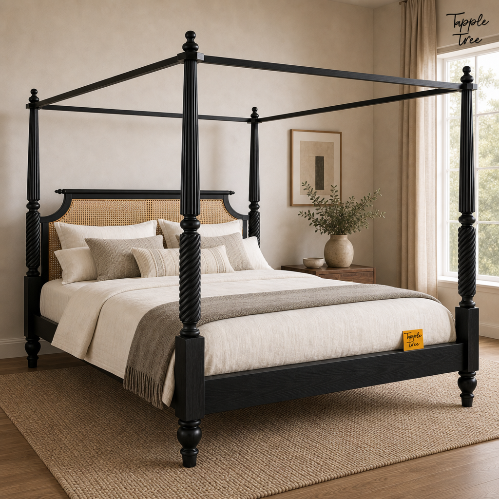 Noir Cane Sheesham Canopy Bed, lifestyle opposite angle