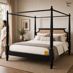 Noir Cane Sheesham Canopy Bed, lifestyle walking woman