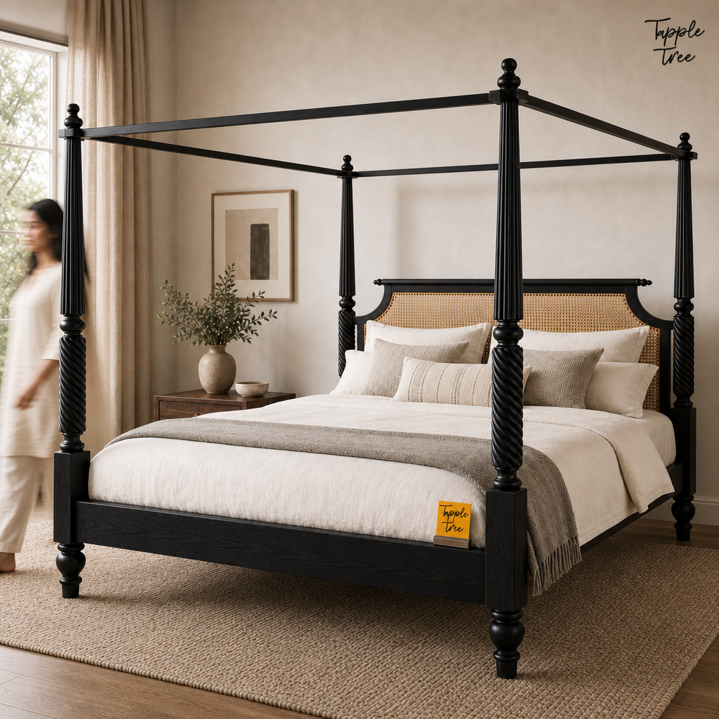 Noir Cane Sheesham Canopy Bed, lifestyle walking woman