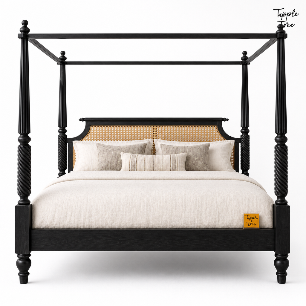 Noir Cane Sheesham Canopy Bed, white front
