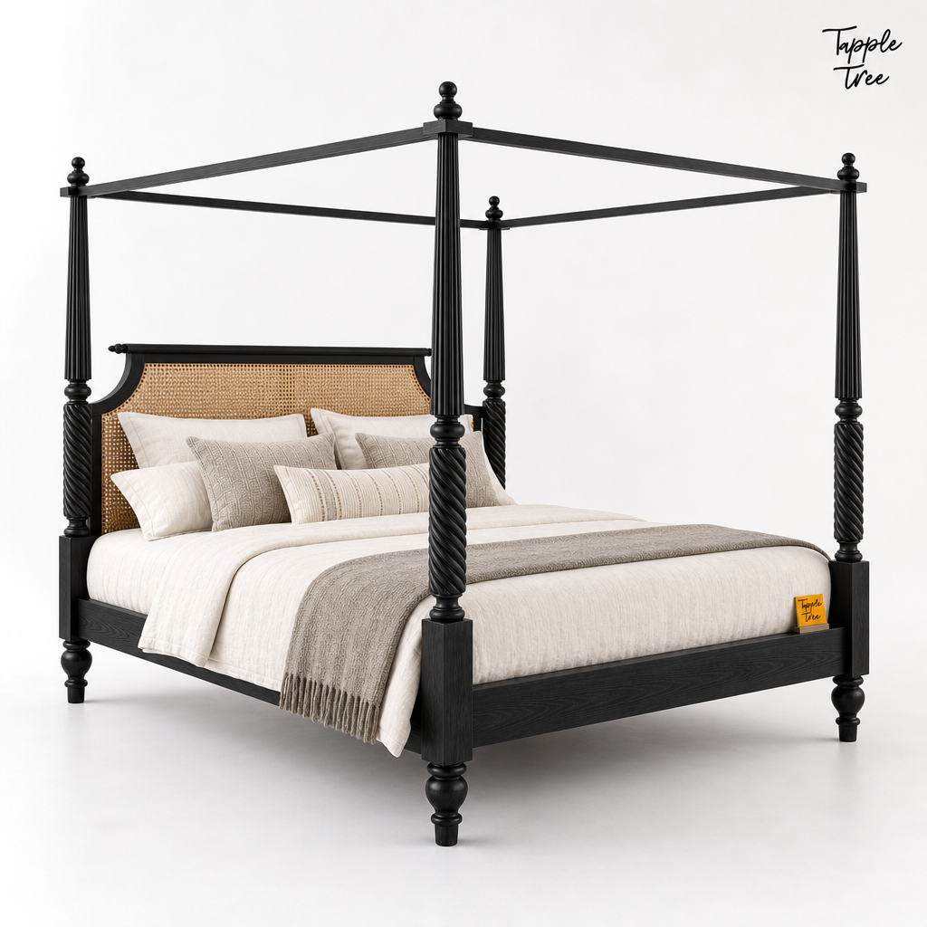 Noir Cane Sheesham Canopy Bed, white opposite angle