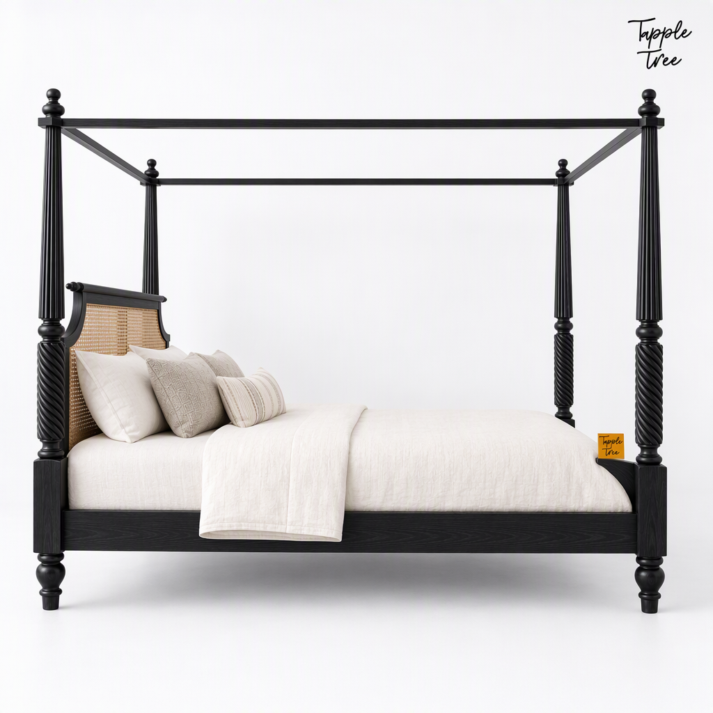 Noir Cane Sheesham Canopy Bed, white side profile